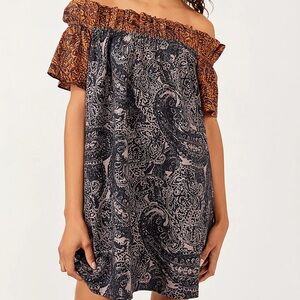 Free People Sophie Printed Off-Shoulder Paisley Shift Dress Navy Medium